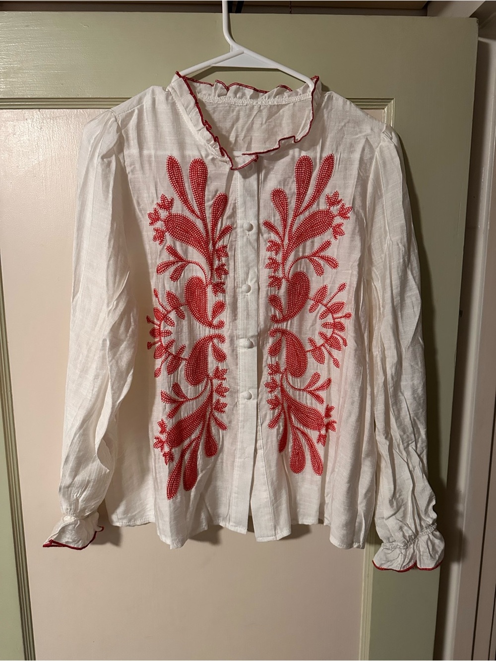 White Embroidered Button-Front Blouse with Red Floral Motif